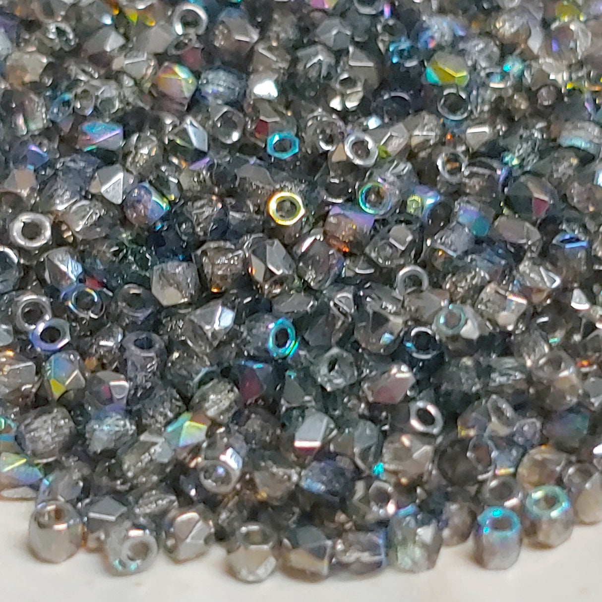 2mm Fire Polish, Crystal Graphite Rainbow, Czech glass faceted round bead