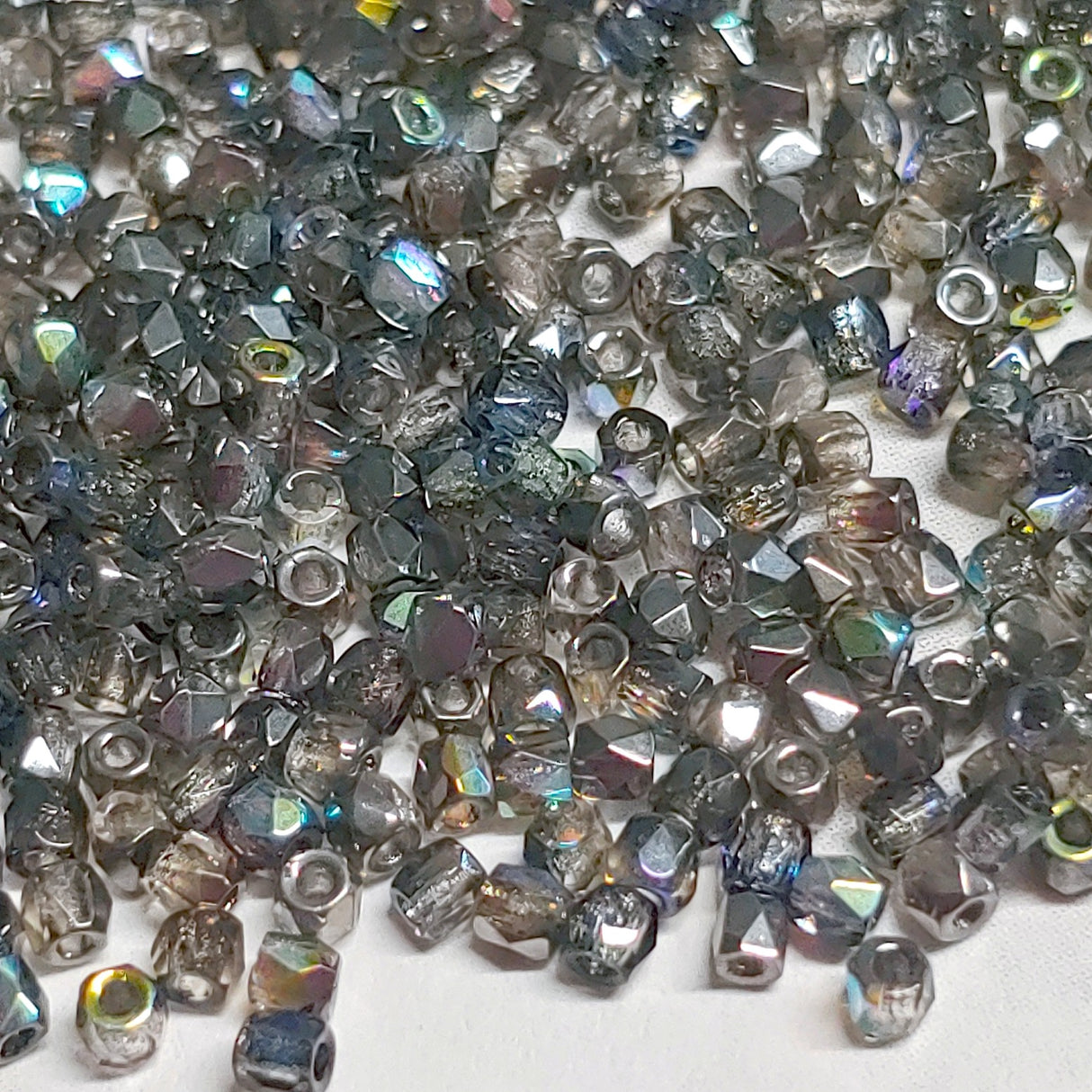 2mm Fire Polish, Crystal Graphite Rainbow, Czech glass faceted round bead