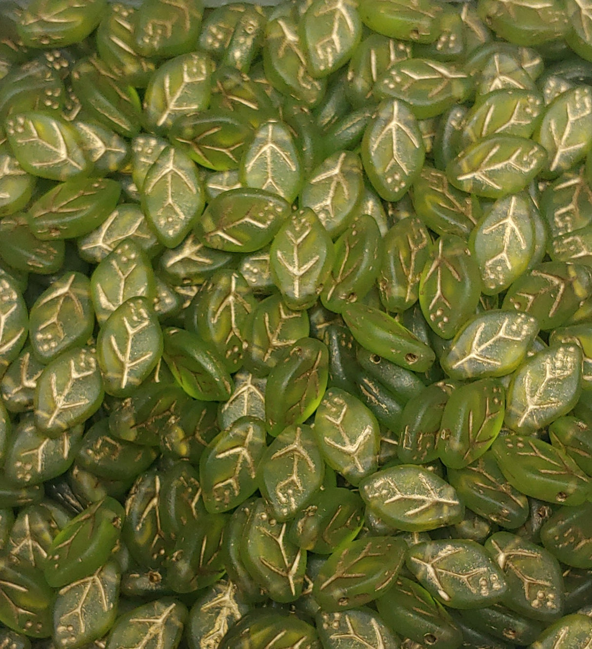 Leaf Bead Matte Olivine Green w/Gold Wash, 12x8mm Czech Glass, 25 Beads
