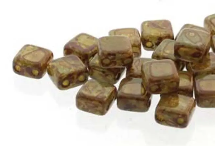 Tile Mini Aqua Opal Dark Travertine, Czech Glass 2-Hole beads 5mm x 5mm, Qty 30 beads 61000-86805