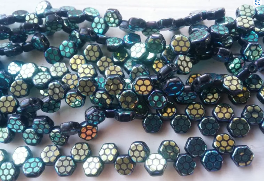 Jet Laser Core AB Honeycomb, Hex 2-Hole Beads Czech Glass 6mm, 30 beads
