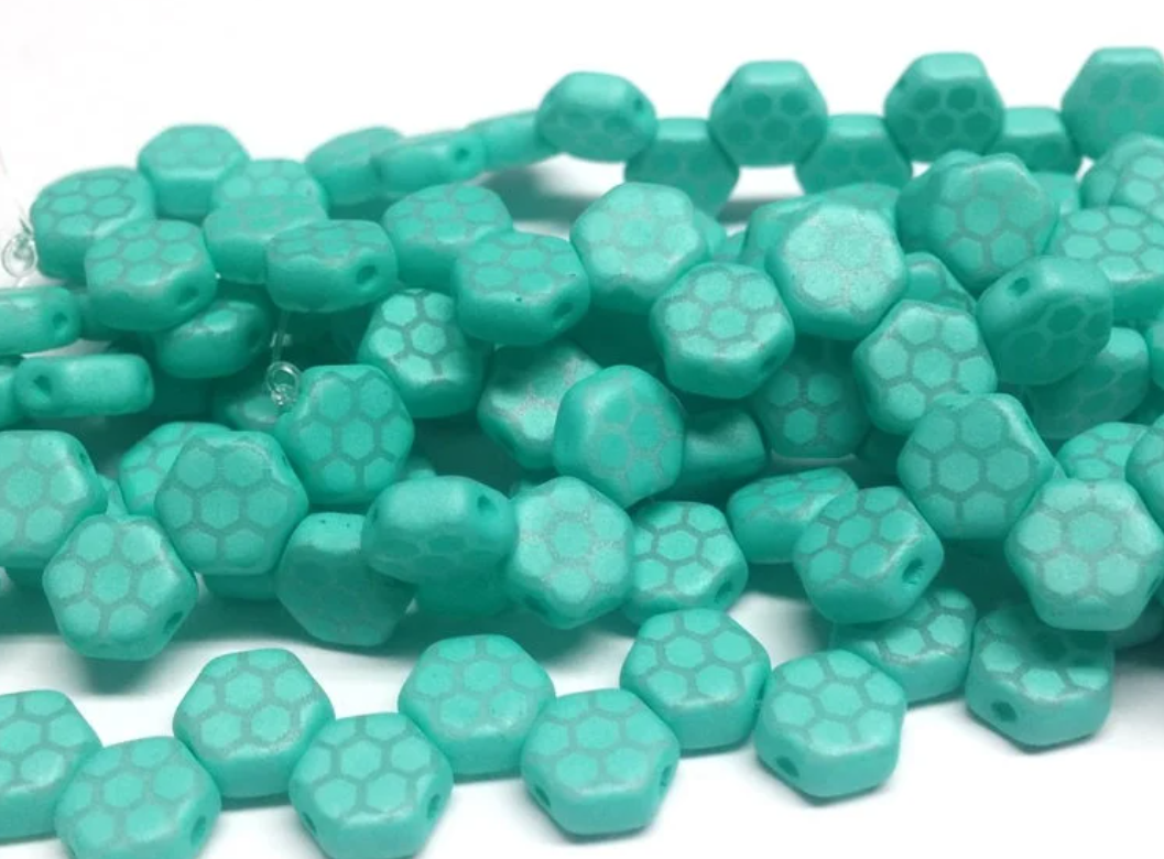 Silk Turquoise Core Honeycomb Silk Laser, Hex 2-Hole Beads Czech Glass 6mm, 29569HC-30 beads