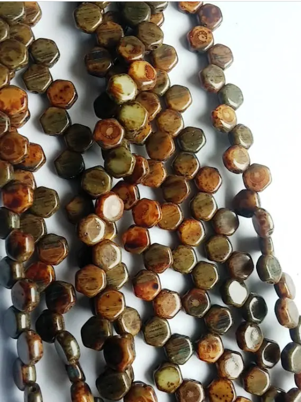 Hodge Podge Honeycomb Seafoam Travertine, Hex 2-Hole Beads Czech Glass 6mm, 699991-86800 30 beads