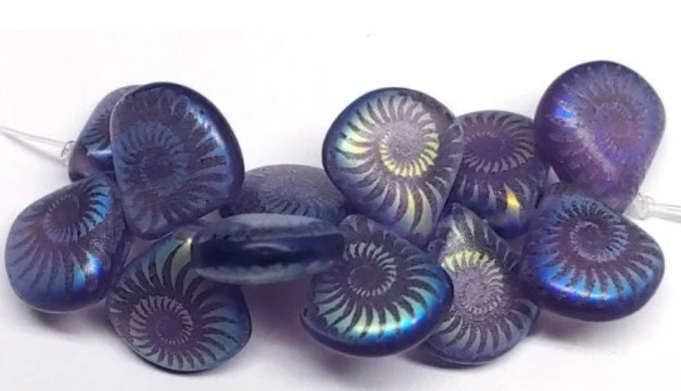 Briolette Tanzanite Purple Transparent Matte w/Aurora Borealis Finish and Laser Etched Spiral Design, 12x11MM - 12 Beads