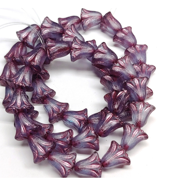 Lily Bead 9x10mm, Sapphire Blue Transparent Matte w/Pink Wash, 10 Beads