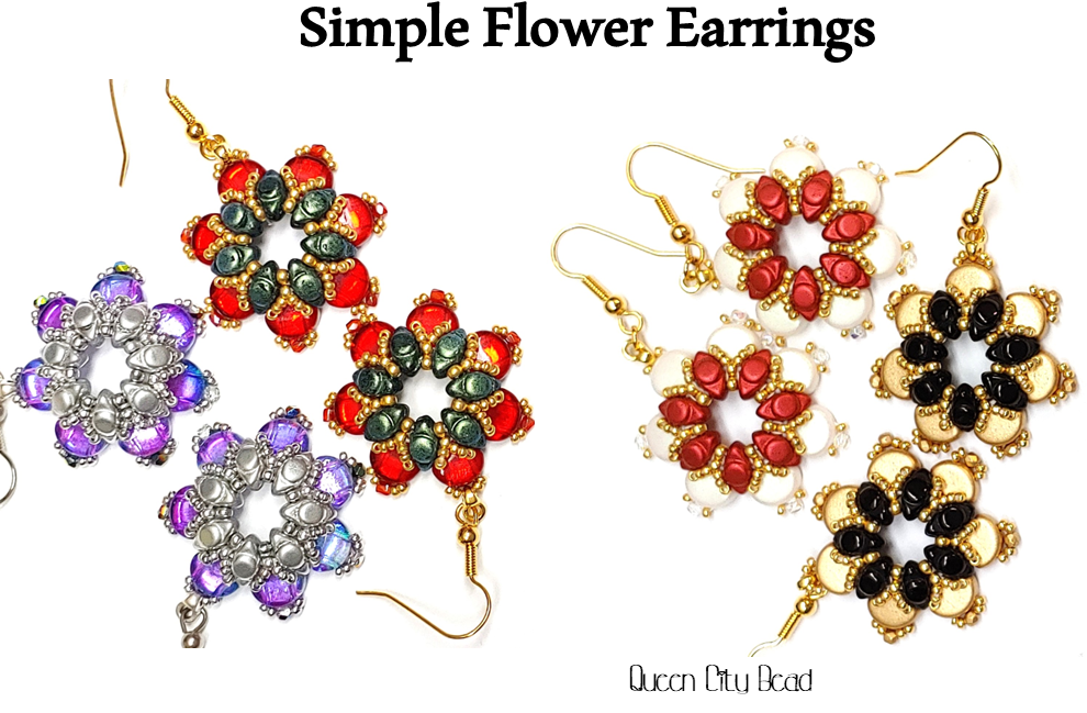 Simple Flower Earrings beading tutorial made by Queen City Bead, PDF digital download pattern