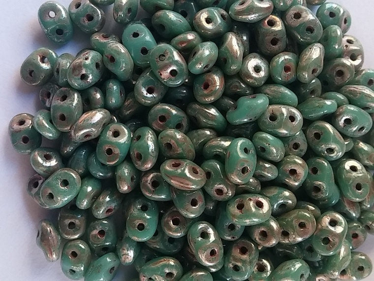 SuperDuo Turquoise Green Picasso, Czech Glass 2-hole bead 2.5x5mm, 63130-43400, 10 grams