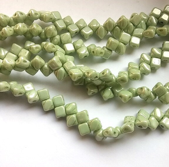 5mm Silky Light Green Luster, 2 hole 5mm Czech Glass, 40 beads, 02010-14457