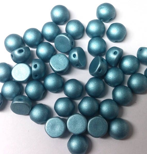 Metallic Aqua, 2 hole Cabochon Czech Glass Beads 6mm, 15 Beads 29436