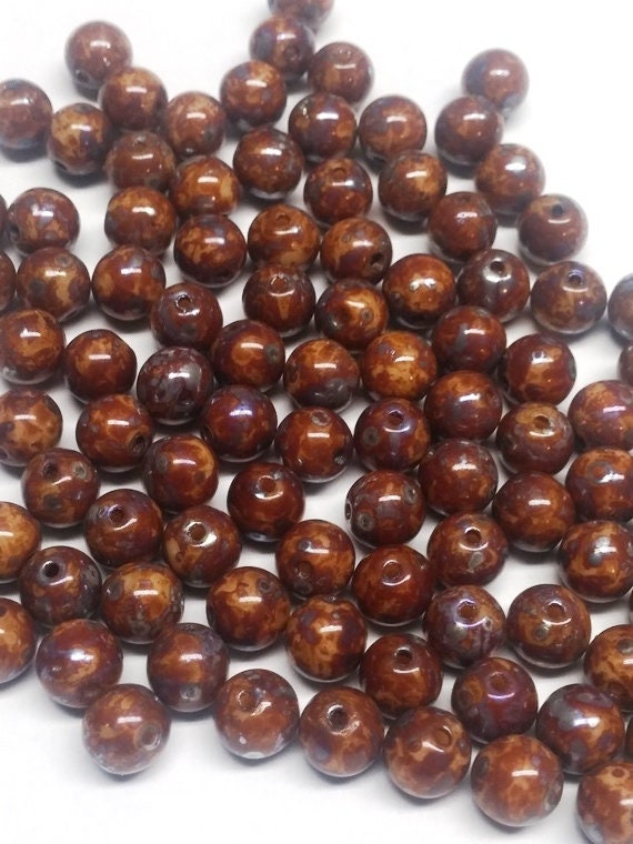 6mm Round Ivory Picasso Glass Beads, 13010-43400 - 25 beads