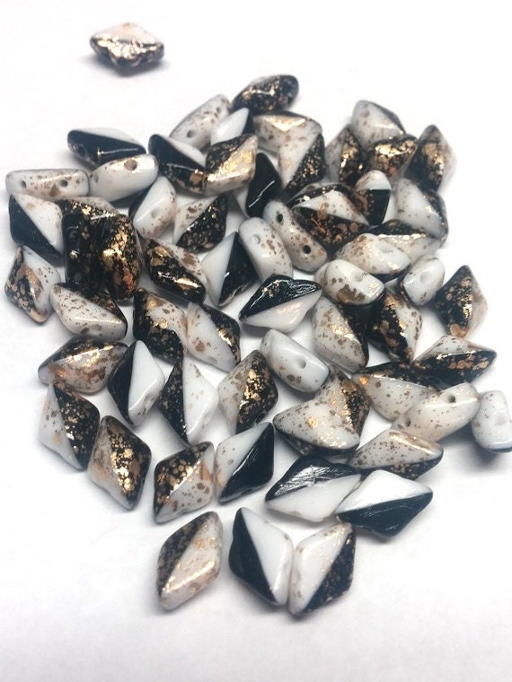 Gold Splash Black/White GemDuo, 2-Hole Matubo Czech beads 8x5mm, 94401 50 Beads