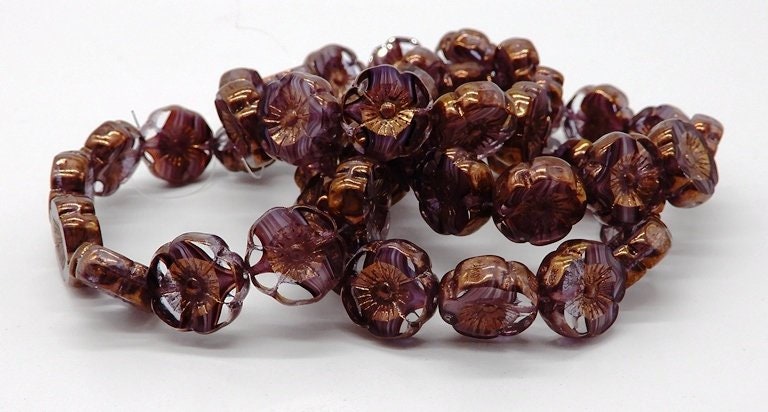 12mm Purple and White Stripe in Crystal Transparent with Bronze Finish, Hibiscus Flower, Czech Glass 12 beads