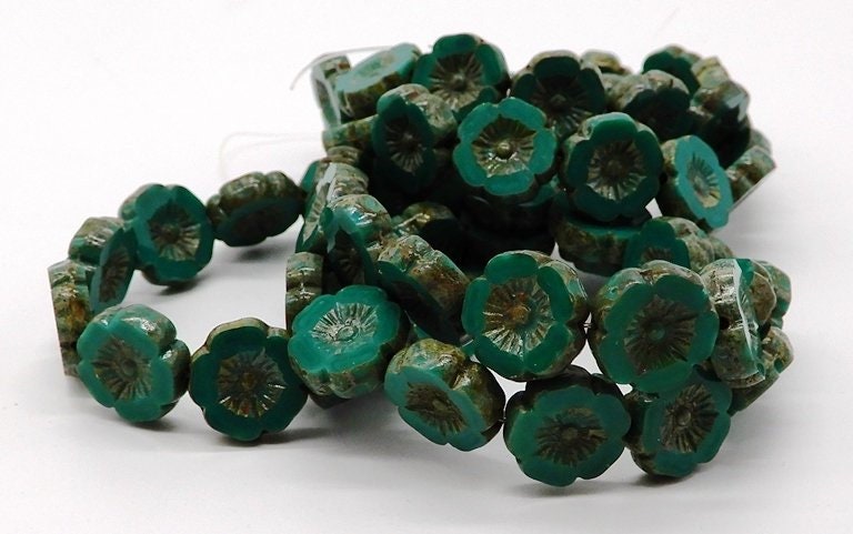 12mm Turquoise Green Opaque with Picasso Finish, Hibiscus Flower, Czech Glass 12 beads