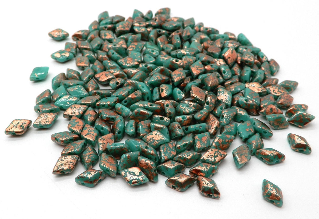 GemDuo Copper Splash Turquoise Green, 2-Hole Matubo Czech beads 8x5mm, 8563130-94412 10 grams