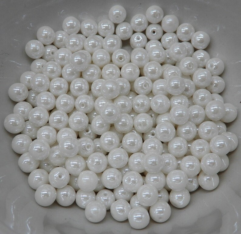 6mm Round Chalk White Shimmer Glass Beads, 21402 - 25 beads