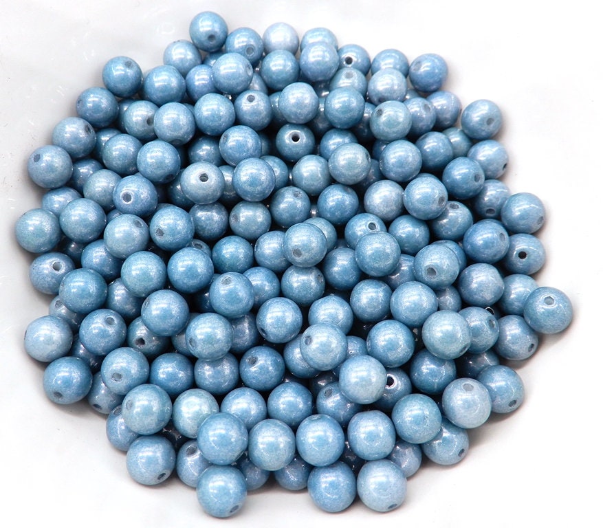 6mm Round Chalk White Baby Blue Luster Glass Beads, 14464-25 beads
