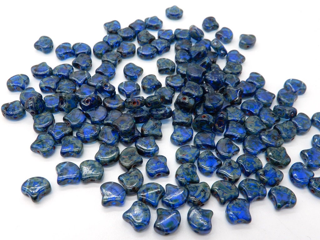 Ginko Bead Sapphire Picasso, 2-Hole Czech Glass 7.5x7.5mm, 8730060-86800-35 Beads