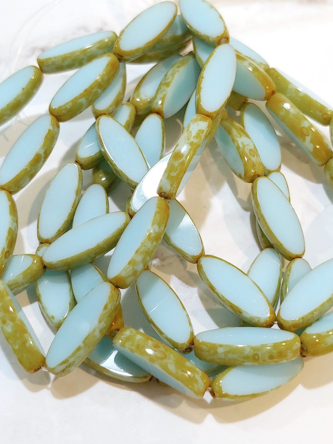 Spindle Beads Light Cyan with Picasso, 6 x 16mm, Czech Glass Beads, 0302-16, 10 Beads