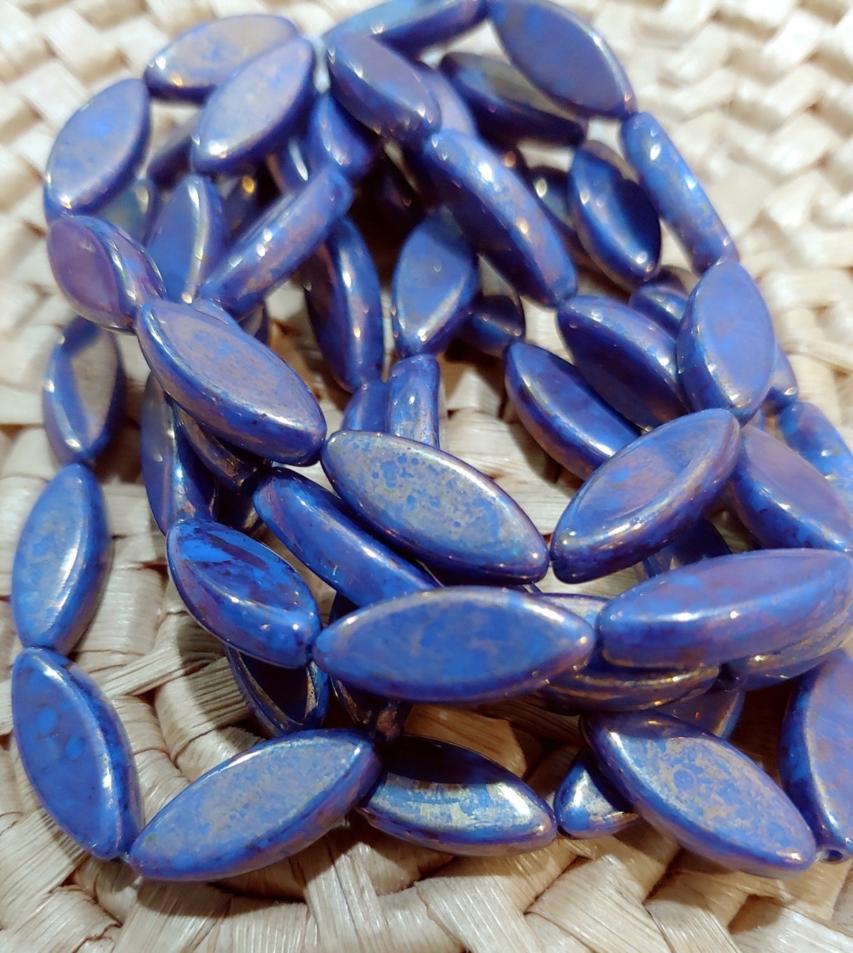 Spindle Beads Indigo with Gold Wash, 7 x 18mm, Czech Glass Beads, 0301-18, 9 Beads