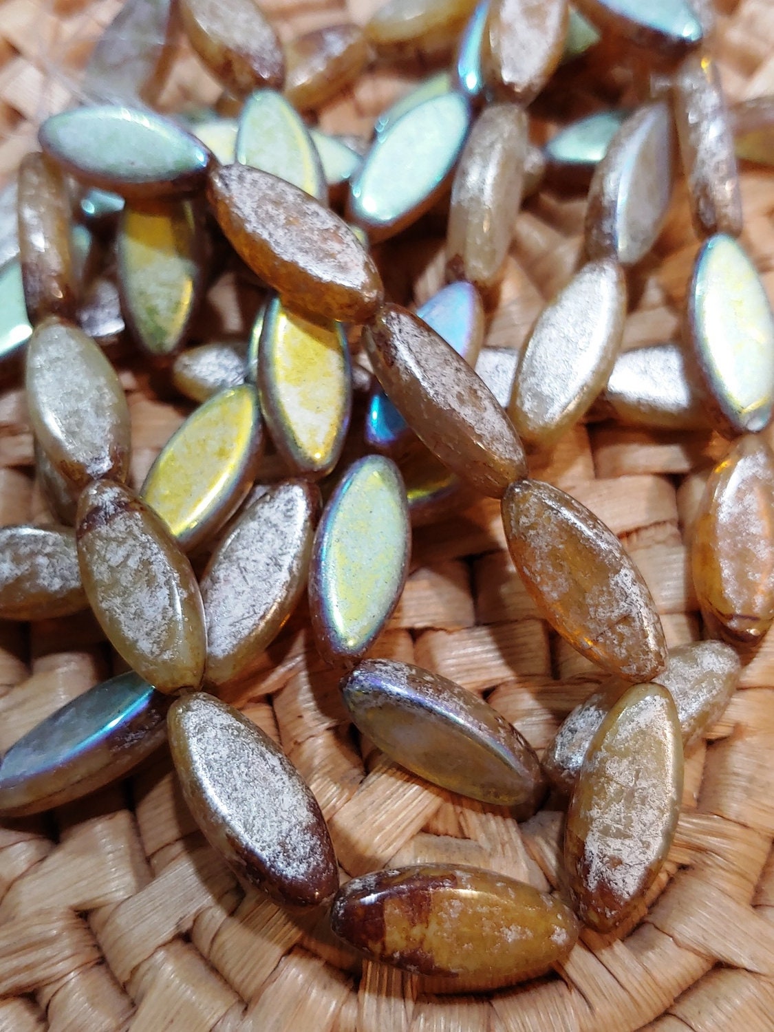 Spindle Beads Champagne with AB and Mercury Finish, 7 x 18mm, Czech Glass Beads, 0315-18, 10 Beads