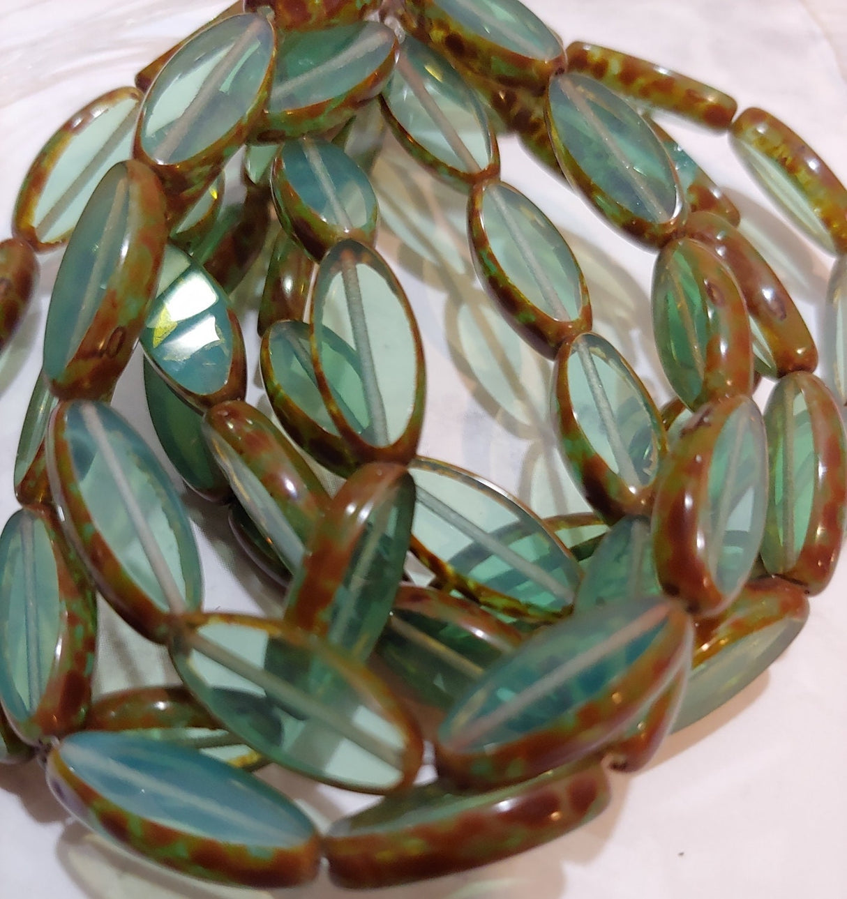 Spindle Beads Celadon with Picasso, 6 x 16mm, Czech Glass Beads, 1038-16, 10 Beads