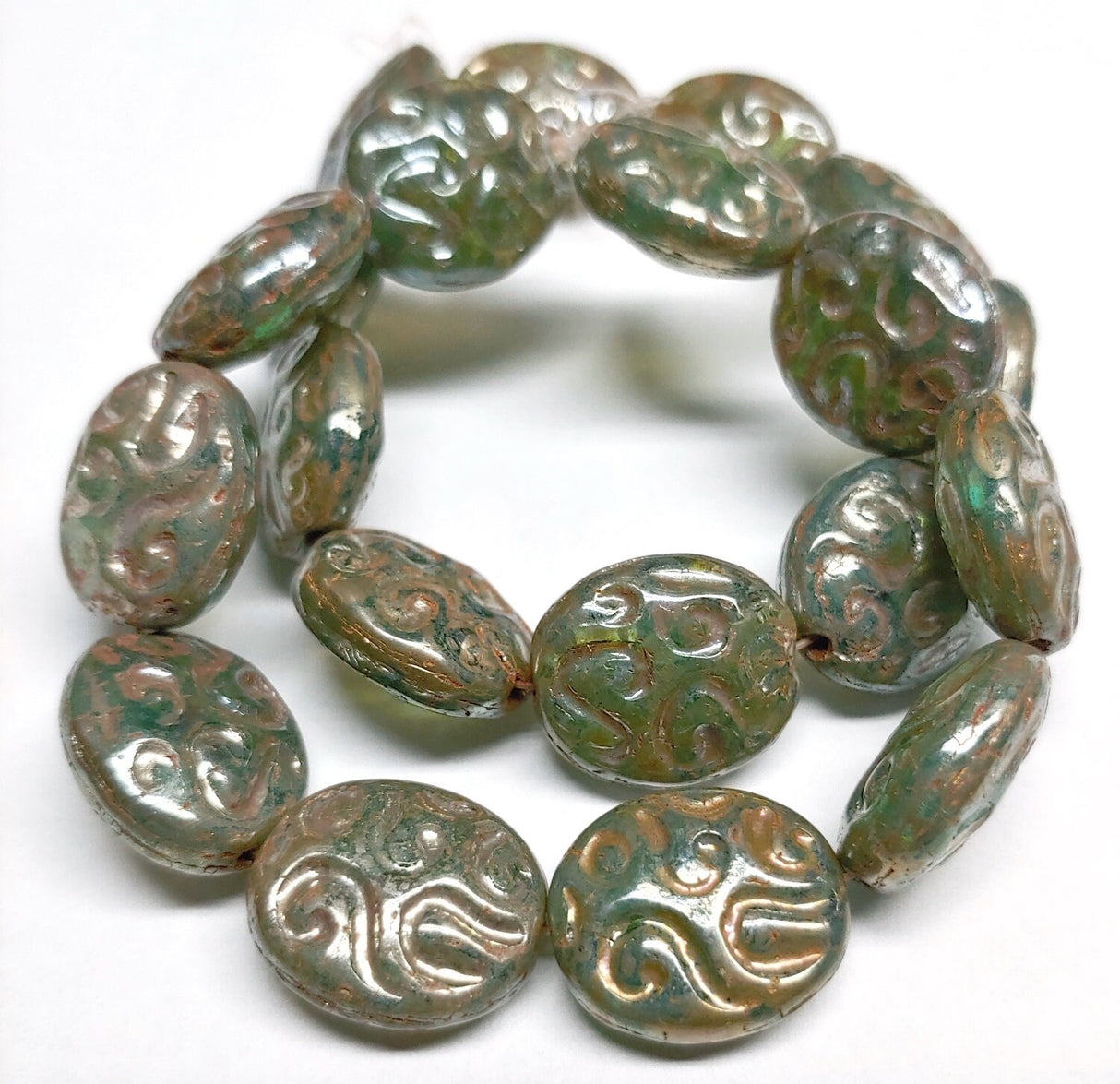 14x17mm Carved Oval Sea Greenwith Picasso Finish - Czech Glass Beads, 10 beads