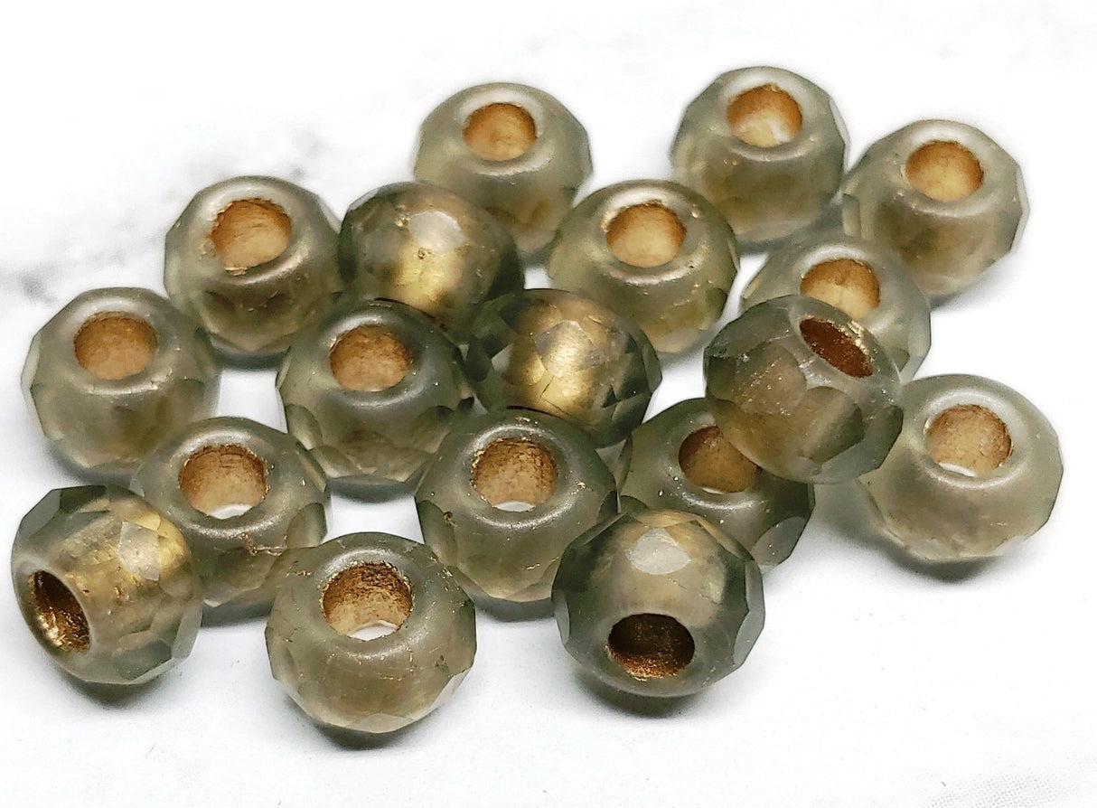 6x9mm Roller Bead Matte Brass w/Gold Lining - Large Hole Czech Glass Beads, 10 beads