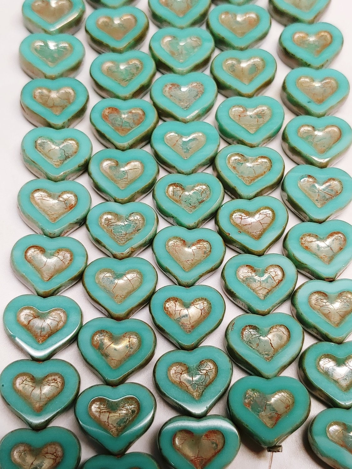 Green Turquoise Picasso Heart Beads, 14 x 12 mm Czech Glass Table Cut, 6 beads