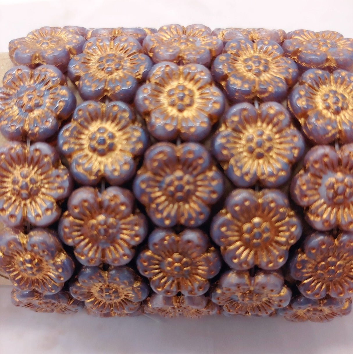 Wild Rose Purple Opaque w/Dark,Bronze Wash, 14mm Czech Glass 12 beads