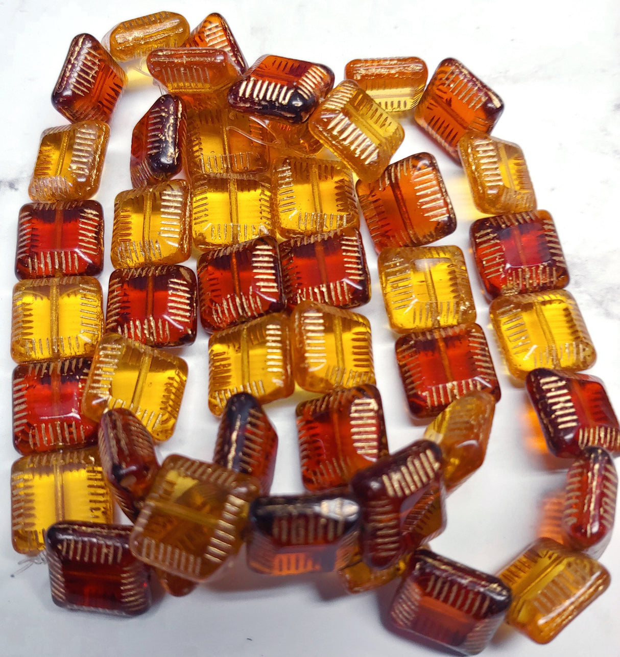 CLEARANCE...10mm Square Beads Alloy Burnt Orange and Amber Gold with Gold Finish - Czech Glass Beads, 15 beads
