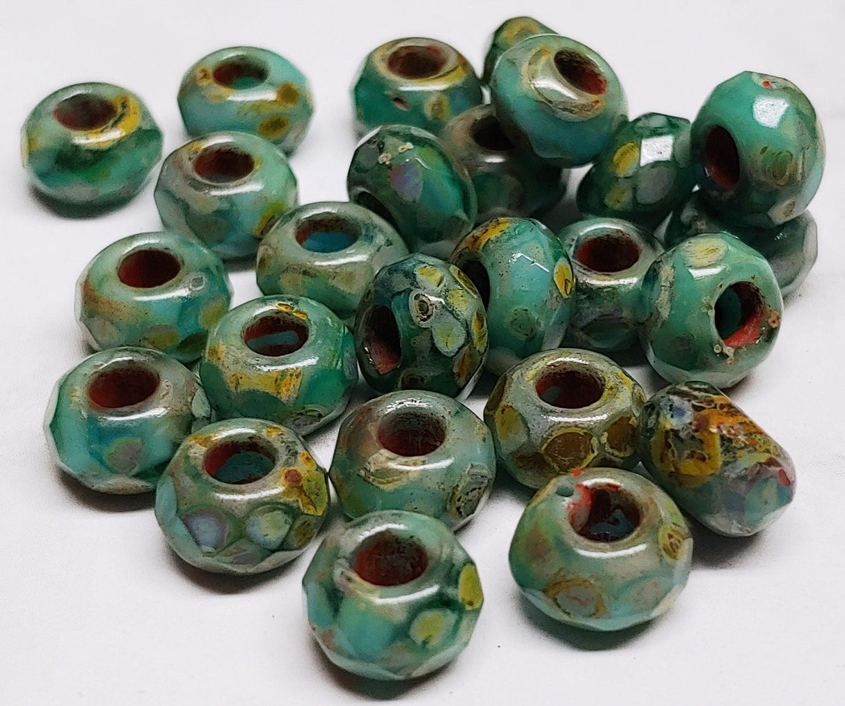 6x9mm Roller Bead Sea Green Blend with Picasso Finish - Czech Glass Beads, 10 beads