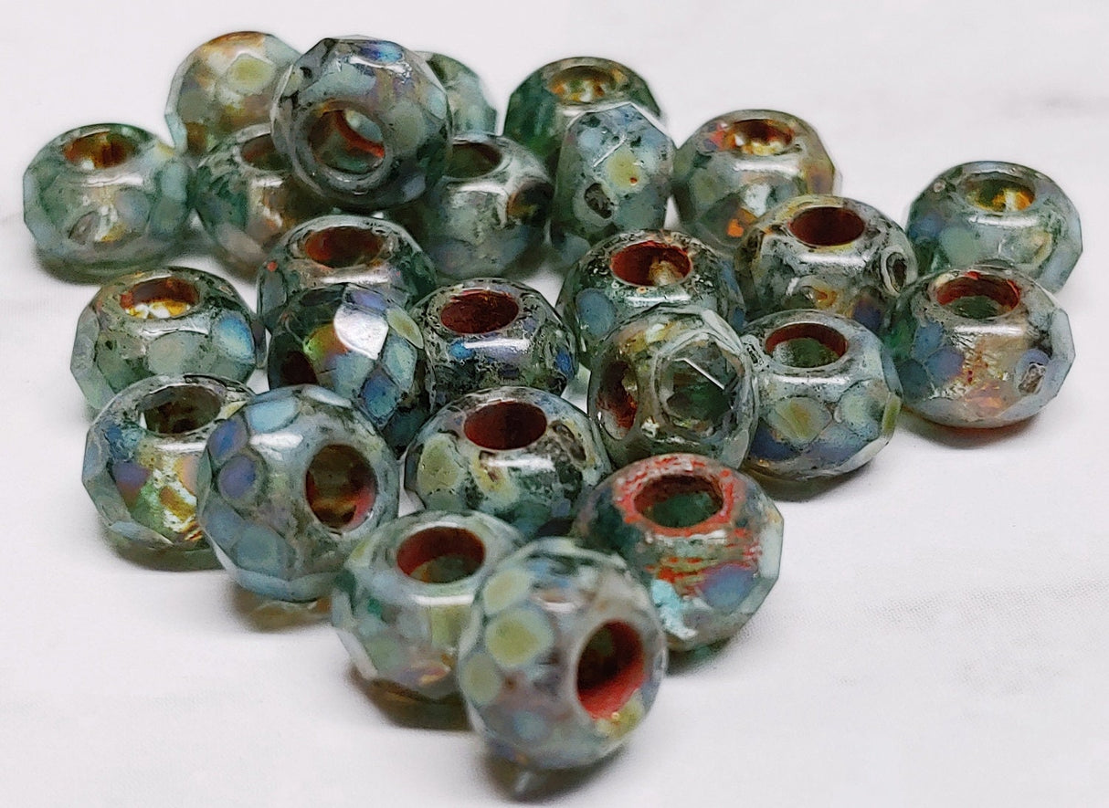 6x9mm Roller Bead Tea Green w/Heavy Picasso - Large Hole Czech Glass Beads, 10 beads