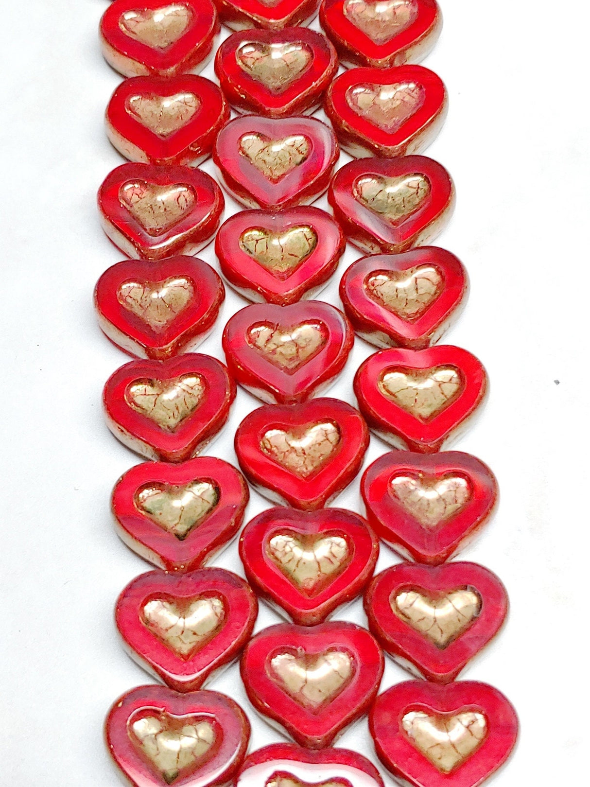 2 Tone Red Bronze Heart Beads, 14 x 12 mm Czech Glass Table Cut, 6 beads