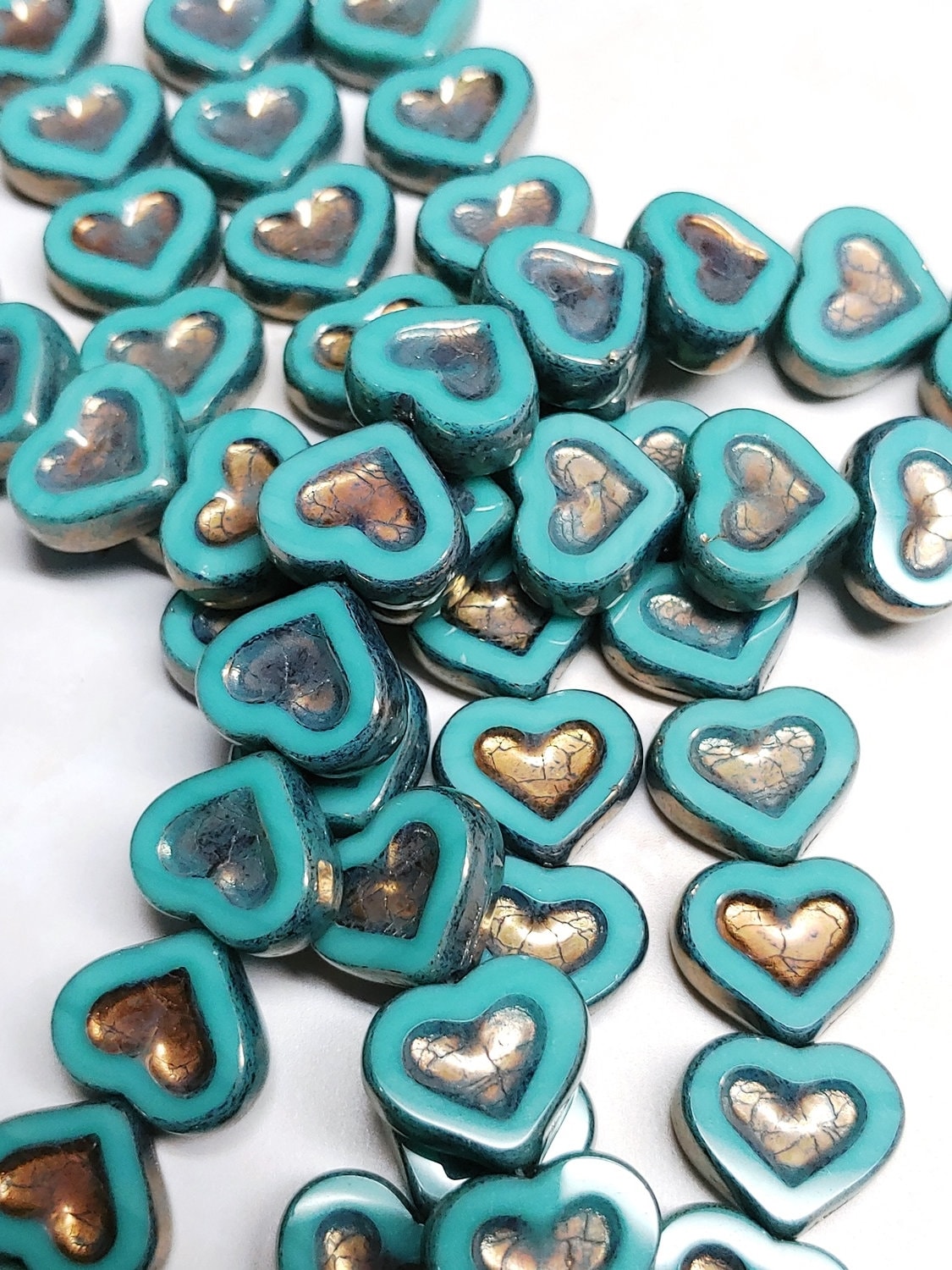 Green Turquoise Bronze Heart Beads, 14 x 12 mm Czech Glass Table Cut, 6 beads