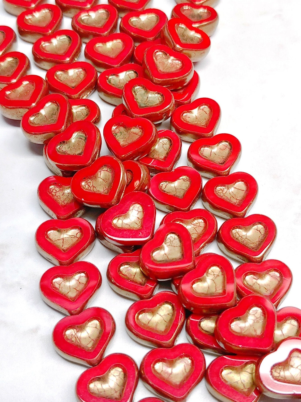Red Bronze Heart Beads, 14 x 12 mm Czech Glass Table Cut, 6 beads