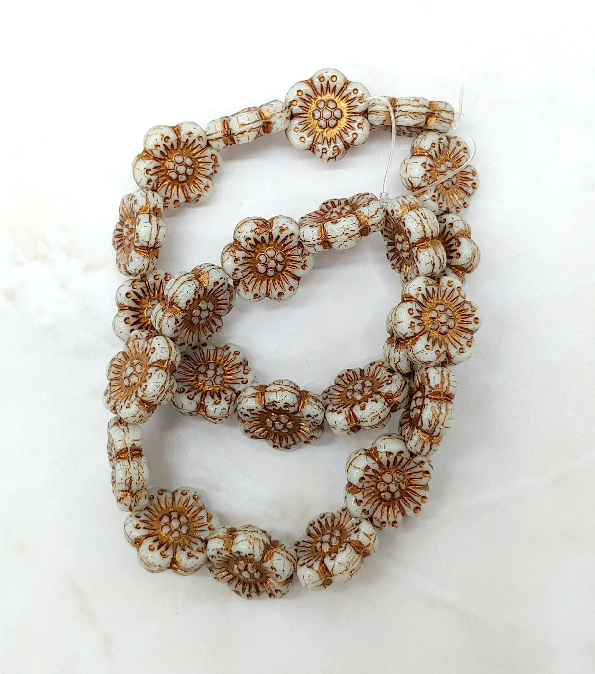 Wild Rose Ivory Opaque w/Dark Bronze Wash, 14mm Czech Glass 12 beads