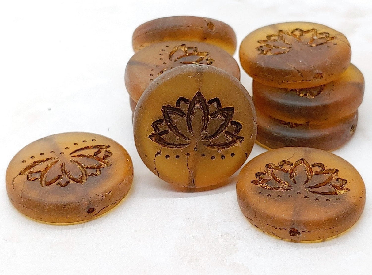 Lotus Flower Amber with Bronze Wash, 18mm Coin Czech Glass, Choose your quantity