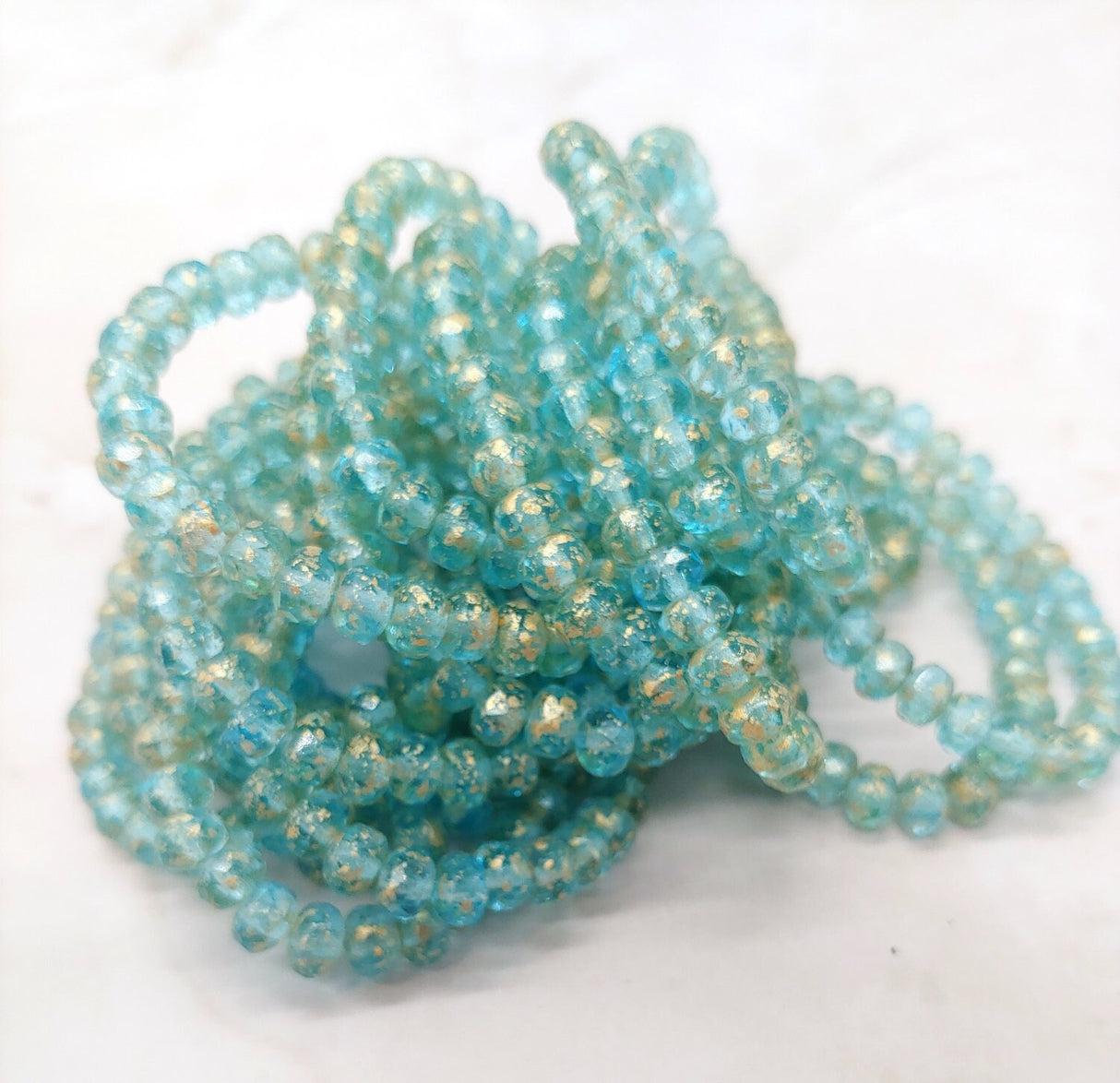 5x3mm Rondelle Aqua Blue with Gold Finish - Czech Glass Beads, 30 beads