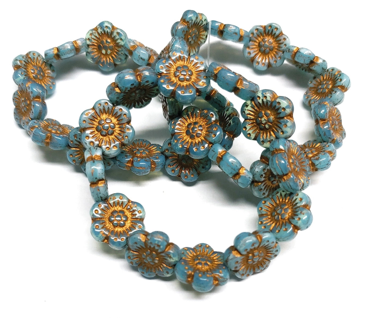 Wild Rose Aqua Blue Opaque w/Dark,Bronze Wash, 14mm Czech Glass 12 beads