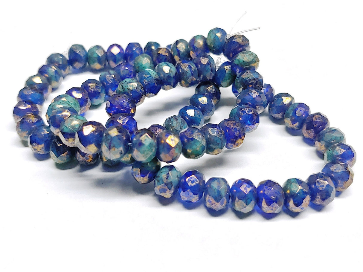 7x5mm Rondelle Turquoise Cobalt Mix with Gold Luster - Czech Glass Beads, 25 beads