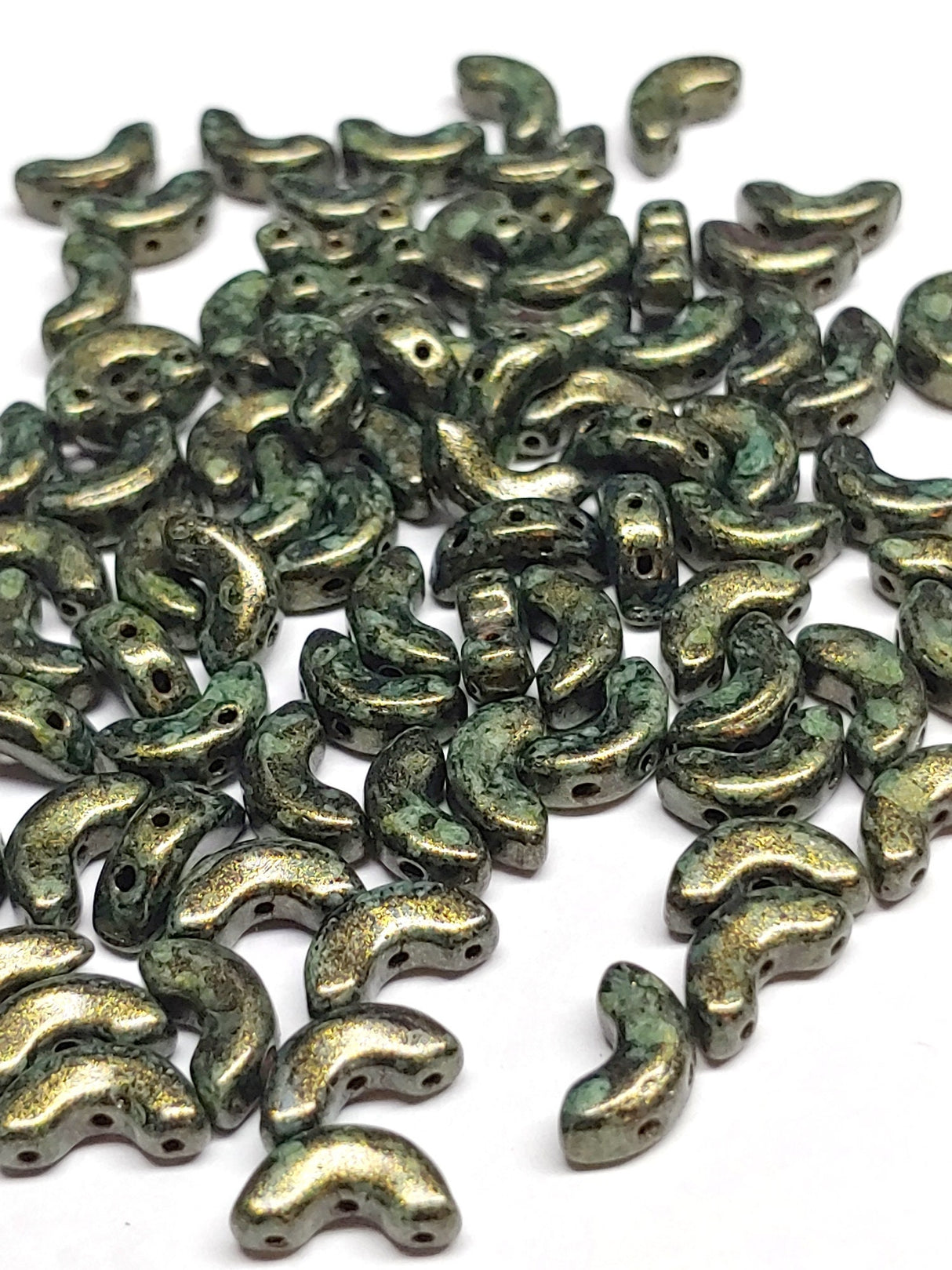 Arcos® par Puca® Spotted Metallic Matte Green, 3 Hole 5x10mm Czech Glass, 23980-65326-30 Beads