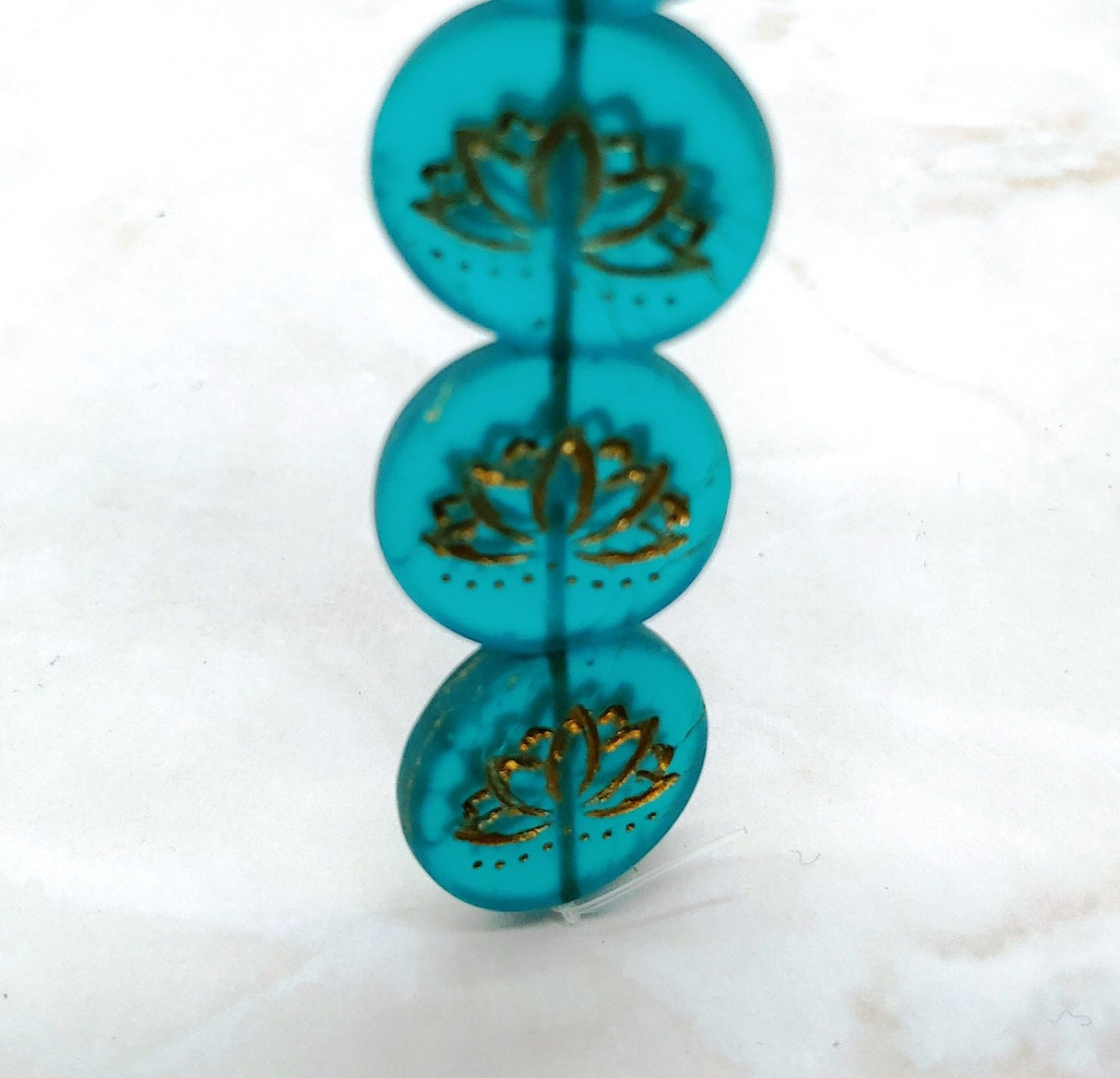 Lotus Flower Teal with Bronze or Gold Wash, 18mm Coin Czech Glass, Choose your quantity