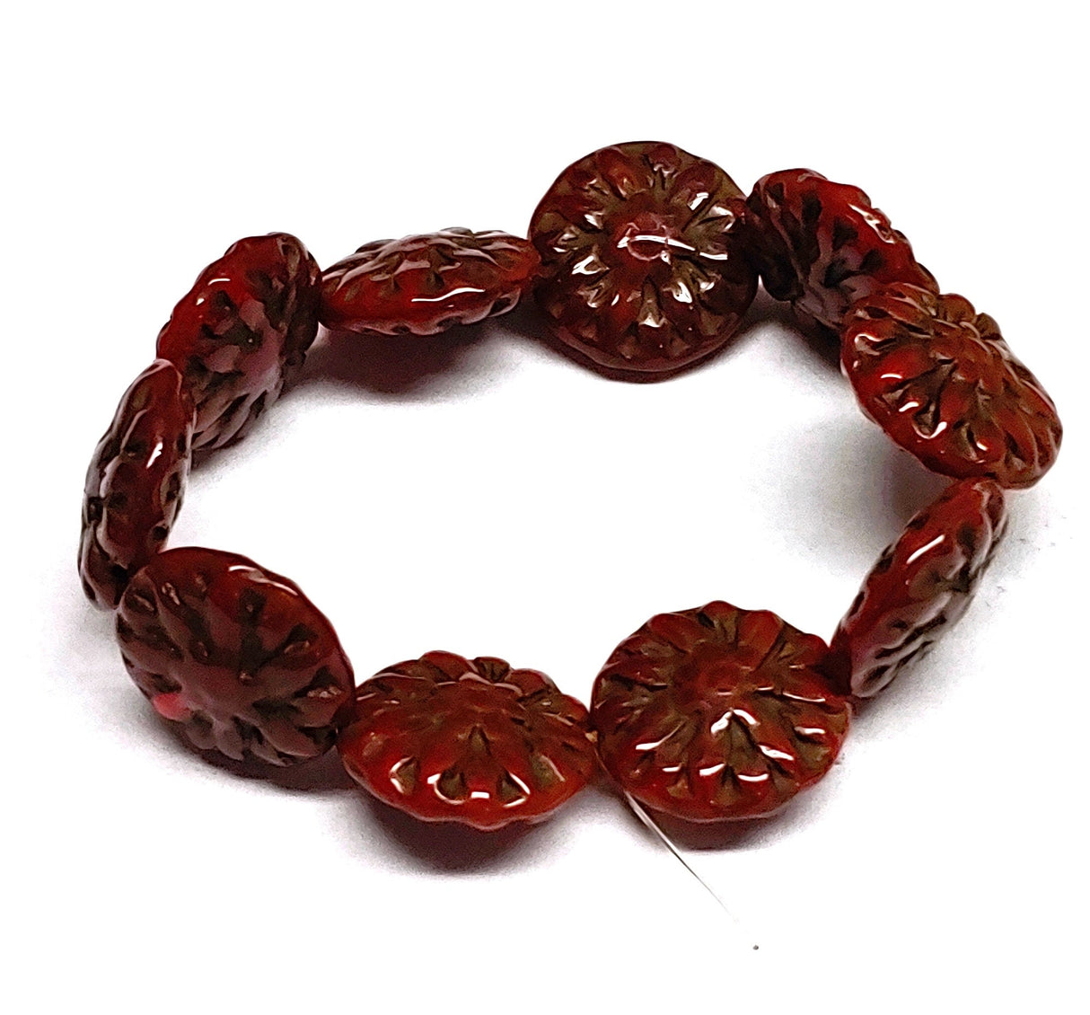 14mm Dahlia Red Oxide with Dark Brown Wash - Czech Glass Beads, 10 beads