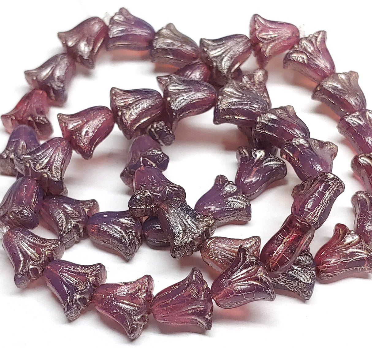 Lily Bead 9x10mm, Purple Opaline with Platinum Wash, Flower Bead - 10 beads