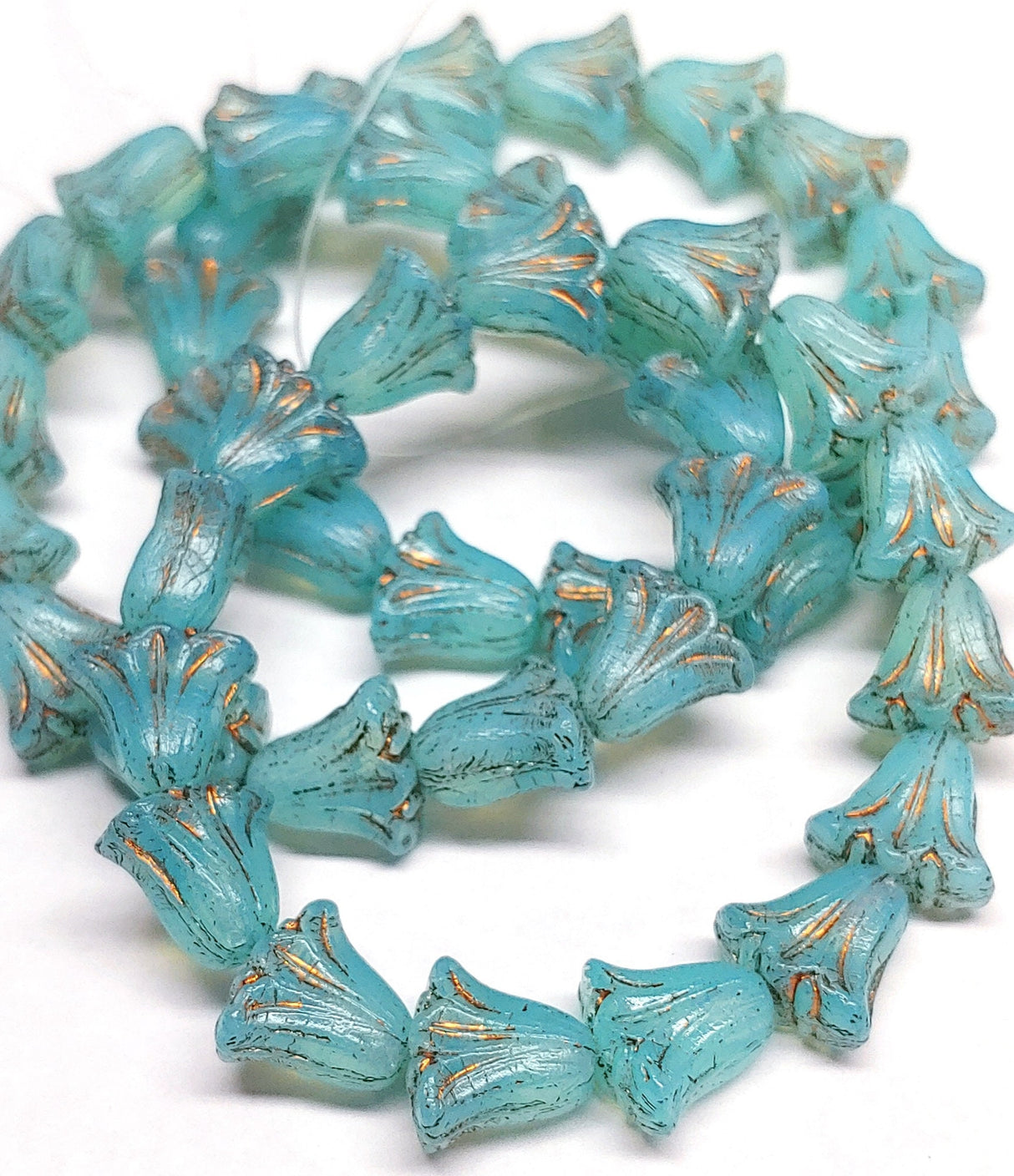 Lily Bead 9x10mm, Aqua Blue Opaline with Dark Bronze Wash, Flower Bead 10 beads