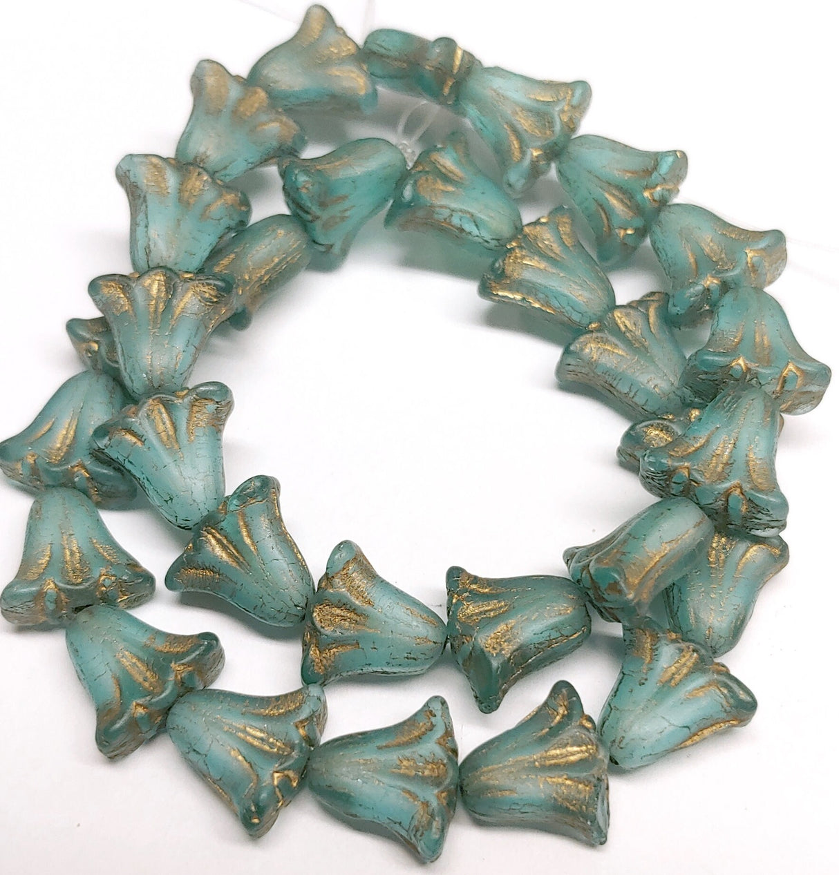 Lily Bead 9x10mm, Aque Blue Transparent w/White Core, Matte Gold Wash - 10 Beads