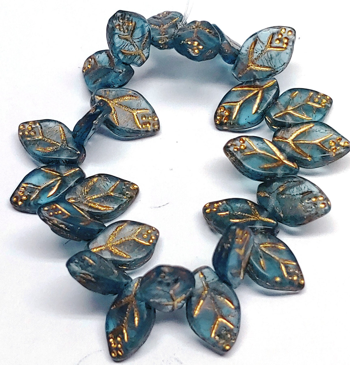 Leaf Bead Montana Blue Transparent Matte W/Gold Wash, 12x8mm Czech Glass, 25 Beads