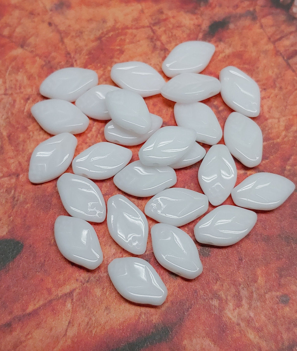 Leaf Bead Chalk White, 12x7mm Czech Glass, 25 Beads