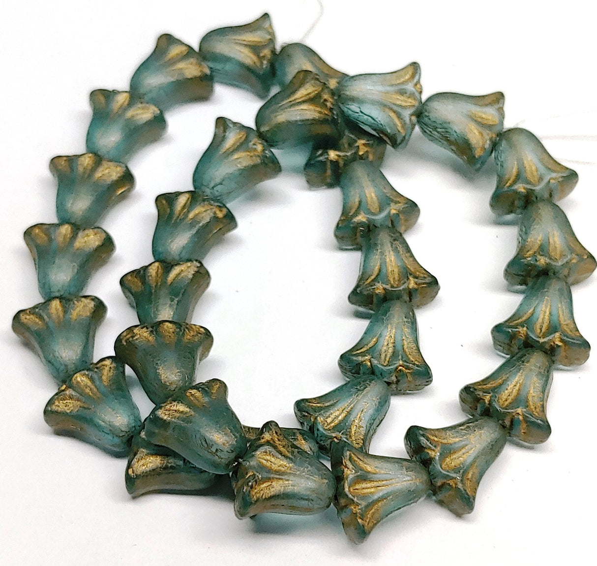 Lily Bead 9x10mm, Aqua Blue Transparent Matte w/Gold Wash, 10 Beads