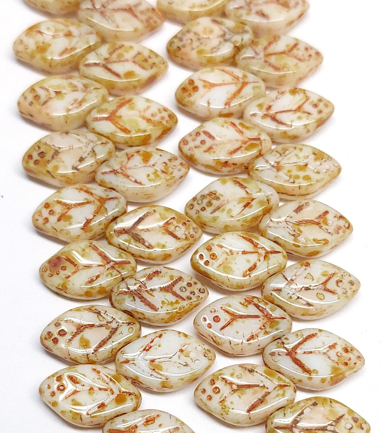 Leaf Bead Opaque White Picasso, 12x7mm Czech Glass, 25 Beads